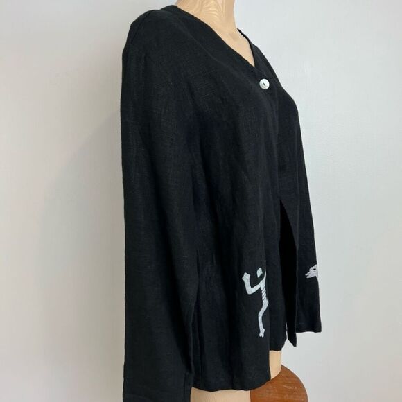 Vintage Positive Influence Women’s 14 Black 100% Linen Hieroglyphics Top Shirt - Picture 12 of 15
